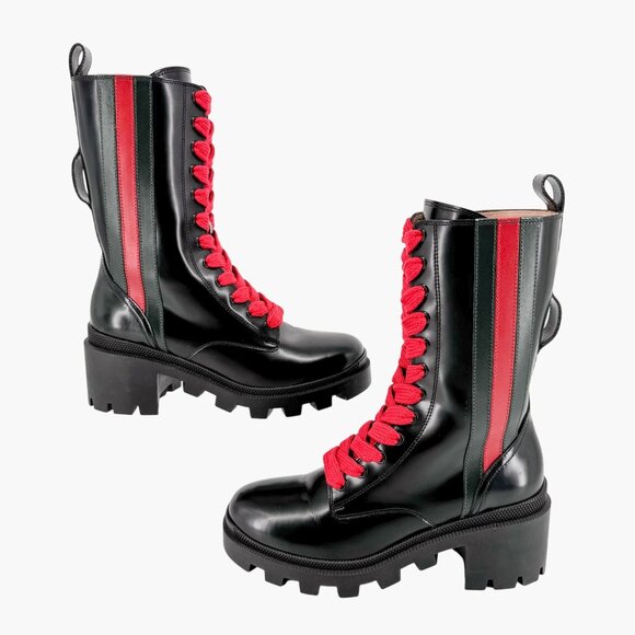 Gucci Magnum Lace Up Combat Boots EU 36.5 US 6.5 Black Web Stripe Block Heel - Picture 9 of 15